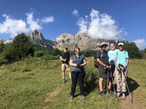 The intrepid hikers with the cliffs of the Sierra de Partacua behind