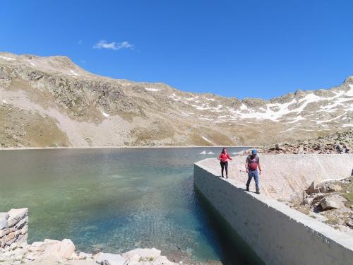 Crossing a little dam - we didn't want an unintended swim!